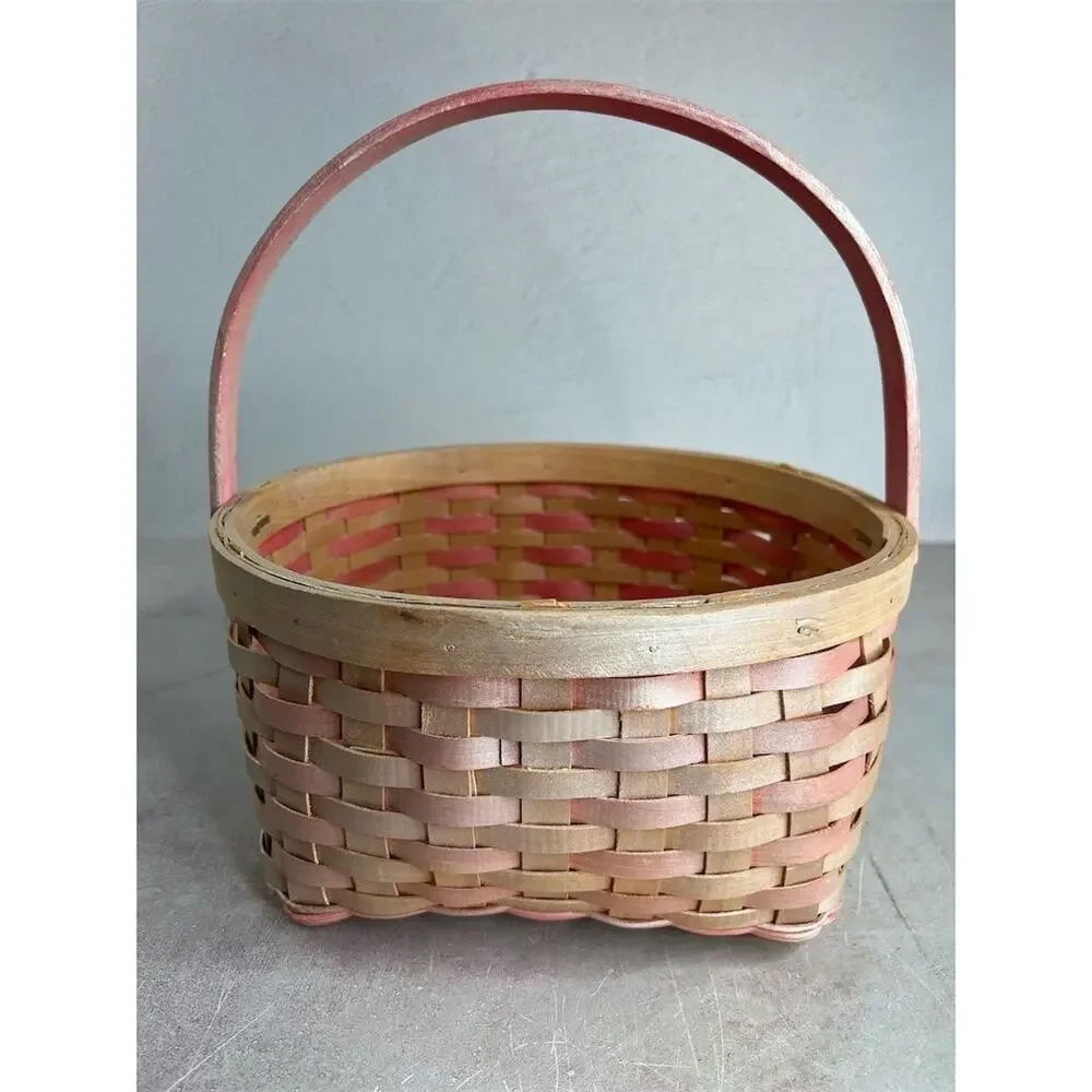 Vintage Pink‎ and wood Woven Basket with Handle 9”x9” Round